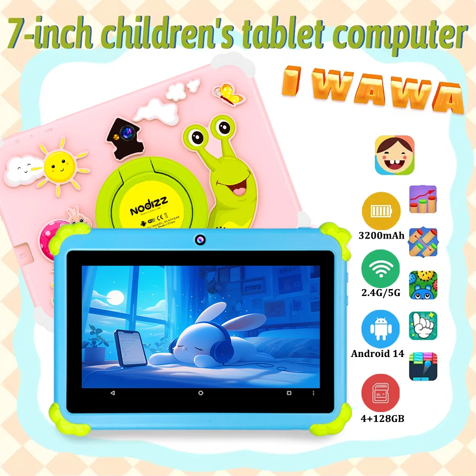 

Новый 7-дюймовый детский планшет Android 14, 4 ГБ ОЗУ, 128 ГБ ПЗУ, 3200 мАч, обучающие образовательные планшеты, Wi-Fi, Bluetooth, подарки на день рождения, Рождество