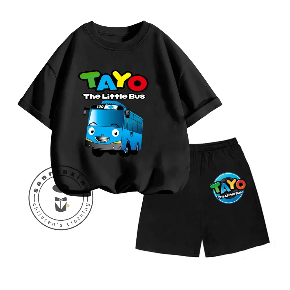 2024 New Graffiti Art Series Full Color Tayo the Litte Bus Pattern Print Design Boys and Girls Short Sleeve Shorts Two-piece Set