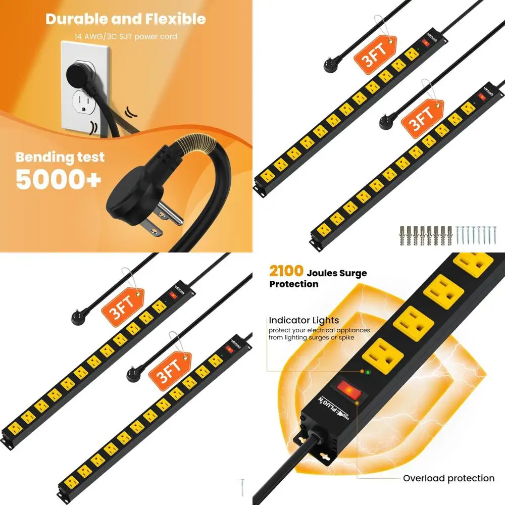 

Комплект из 2-х мощных удлинителей с широкими розетками, кабелем 3T, защитой от перенапряжения 2100 Дж, выключателем от перегрузки для промышленного использования