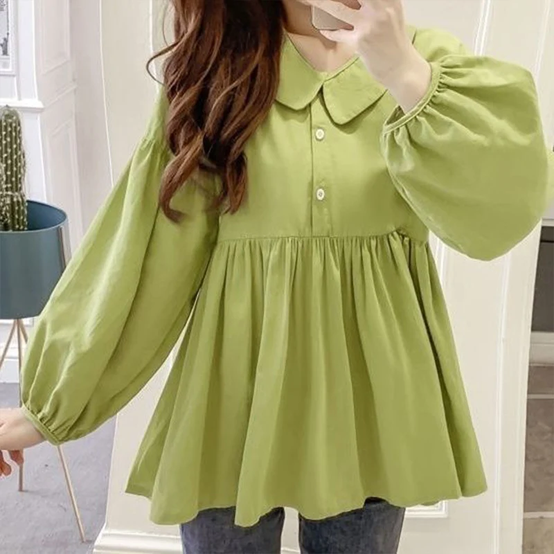 Casual Elegant Long Sleeved Doll Neck Shirt for Women\'s Spring Autumn New Korean Loose Slimming Covering Belly Versatile Top