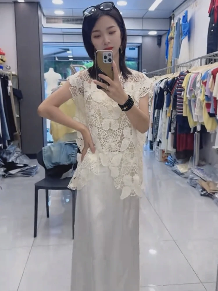 

Lace Hollow out Svel Vest Women's Summer New Design Sensation Layering Top Korean Sle round Ne Mid-Length Knitted S...