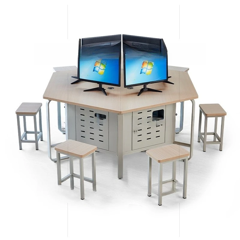 Desktop school student hexagonal computer table, smart classroom, microcomputer room, steel training hexagonal table