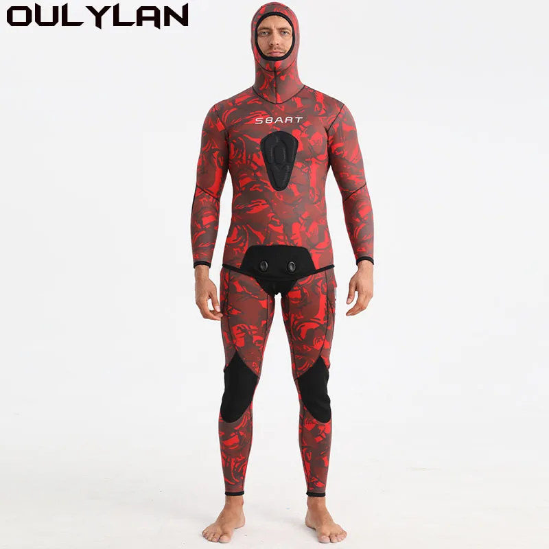 Oulylan 5mm Neoprene Long Sleeve Fission Hooded 2 Pieces Scuba Diving Suit For Men Keep Warm Wet Suit Camouflage Wetsuit