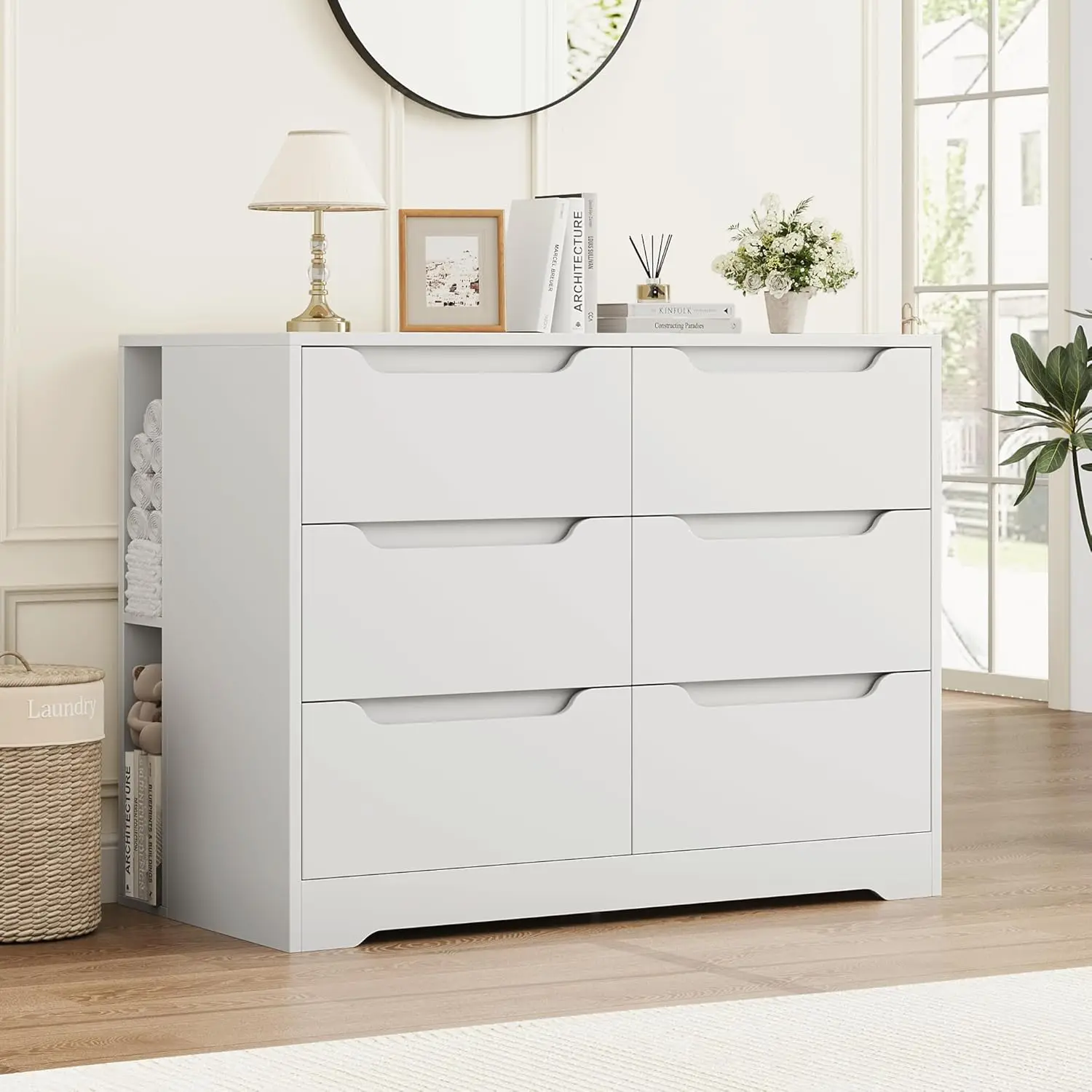 

6 Drawer Dresser for Bedroom, White Dresser with 4 Cubbies, Wood Chest of Drawers with Cut-Out Handles, Modern Storage