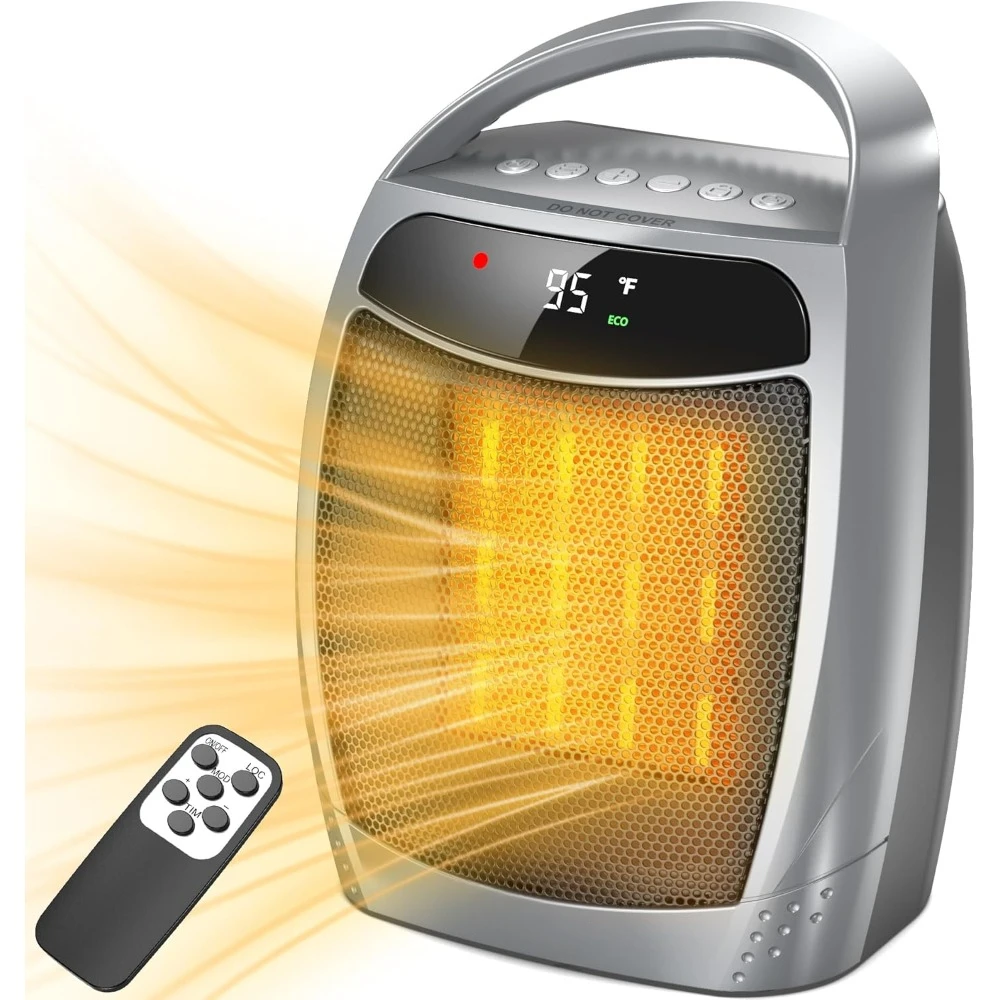 

Space Heater for Indoor Use 1500W Portable Heater Remote 12H Timer Eco and Fan Mode Ceramic Fast Heating Safety Small Heater