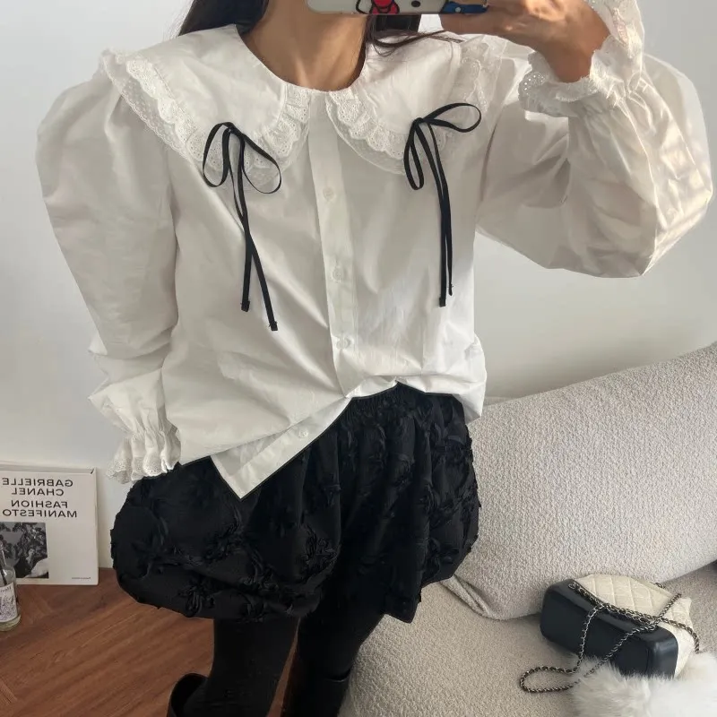 

Loose Women's irt Dongda Gate Knot Lace Doll Collar Versatile Top French Sle Bubble Sve Cotton Long Sve