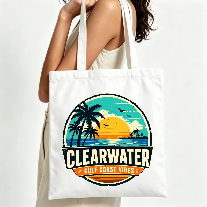 Women's sunset palm tree graphic canvas tote bag, vintage style for beach outings and summer shopping