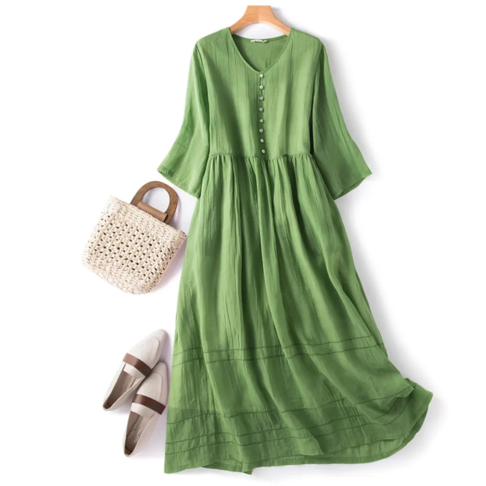 Elegant Women's Summer New Artistic Loose Splicing Cotton Hemp V-neck Button Dress Fashion Five Sleeve White Green Dresses