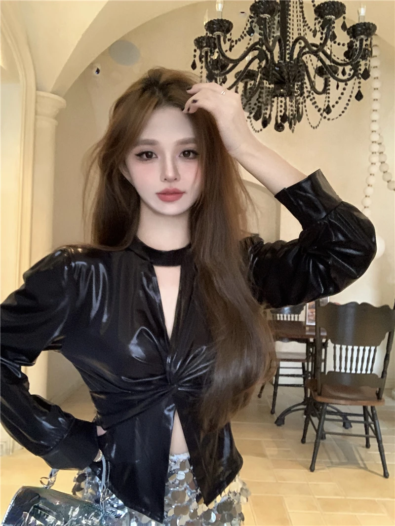 Korean Style Fashion Women V Neck Silver Black Full Sleeve Folds Top Shirt , Woman Cool High Waisted Tops Shirts