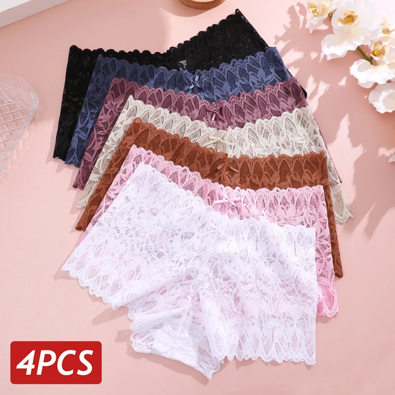 4PCS Women Floral Lace Panties Sexy Perspective Underwear V Waist Solid Color Underpants Female Breathable Intimates Lingerie