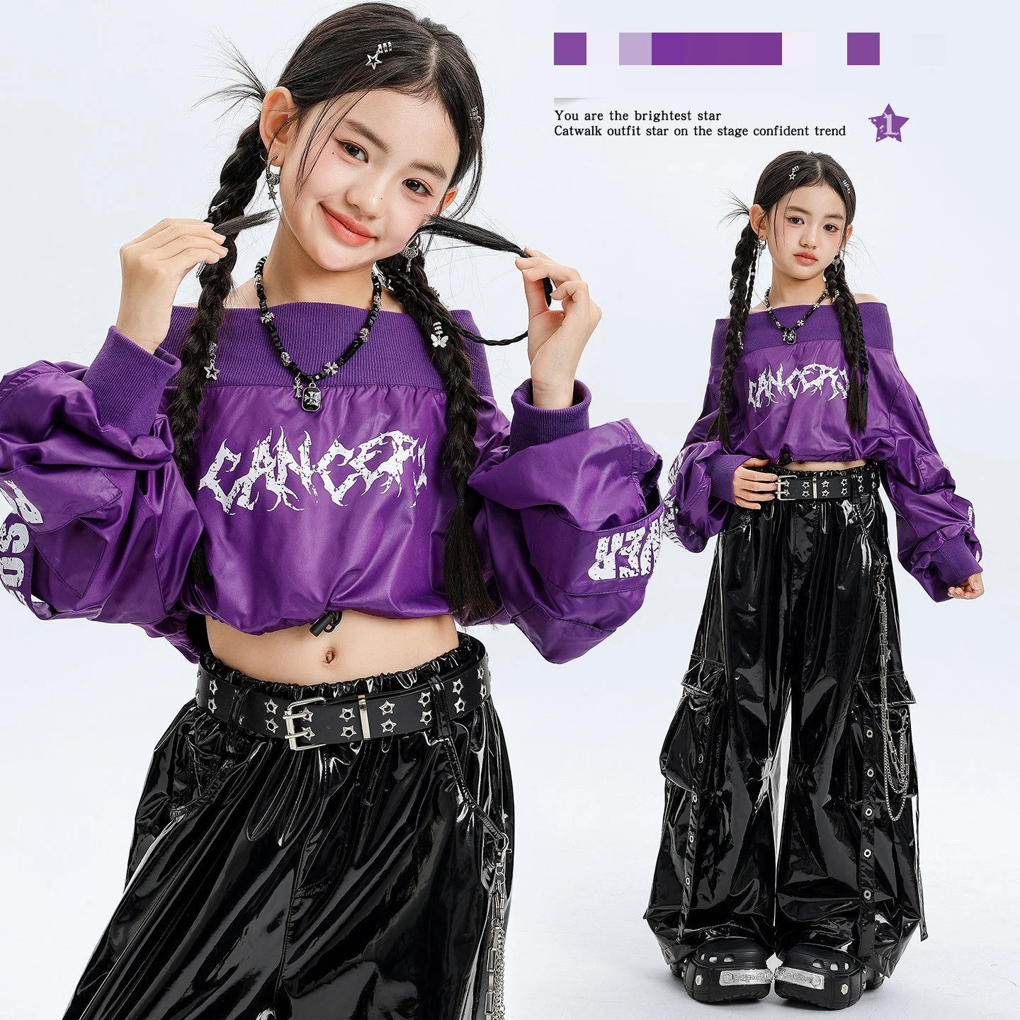 Girls K-pop Purple Off Shoulder Crop Top Cargo Pants Kids Hip Hop Street Dance Clothes Sets Child Girl Group Streetwear Costumes