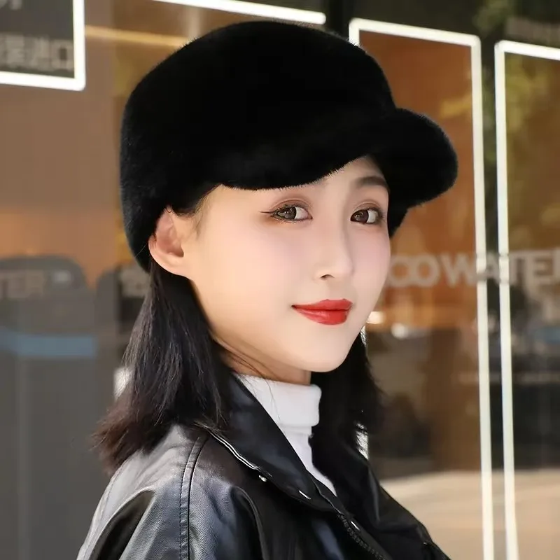 Women Faux Fur Newsboy Cap Winter Warm Plush Octagonal Hat Soft Fuzzy Peaked Beret Hat Cold Weather Windproof Ladies Street Caps
