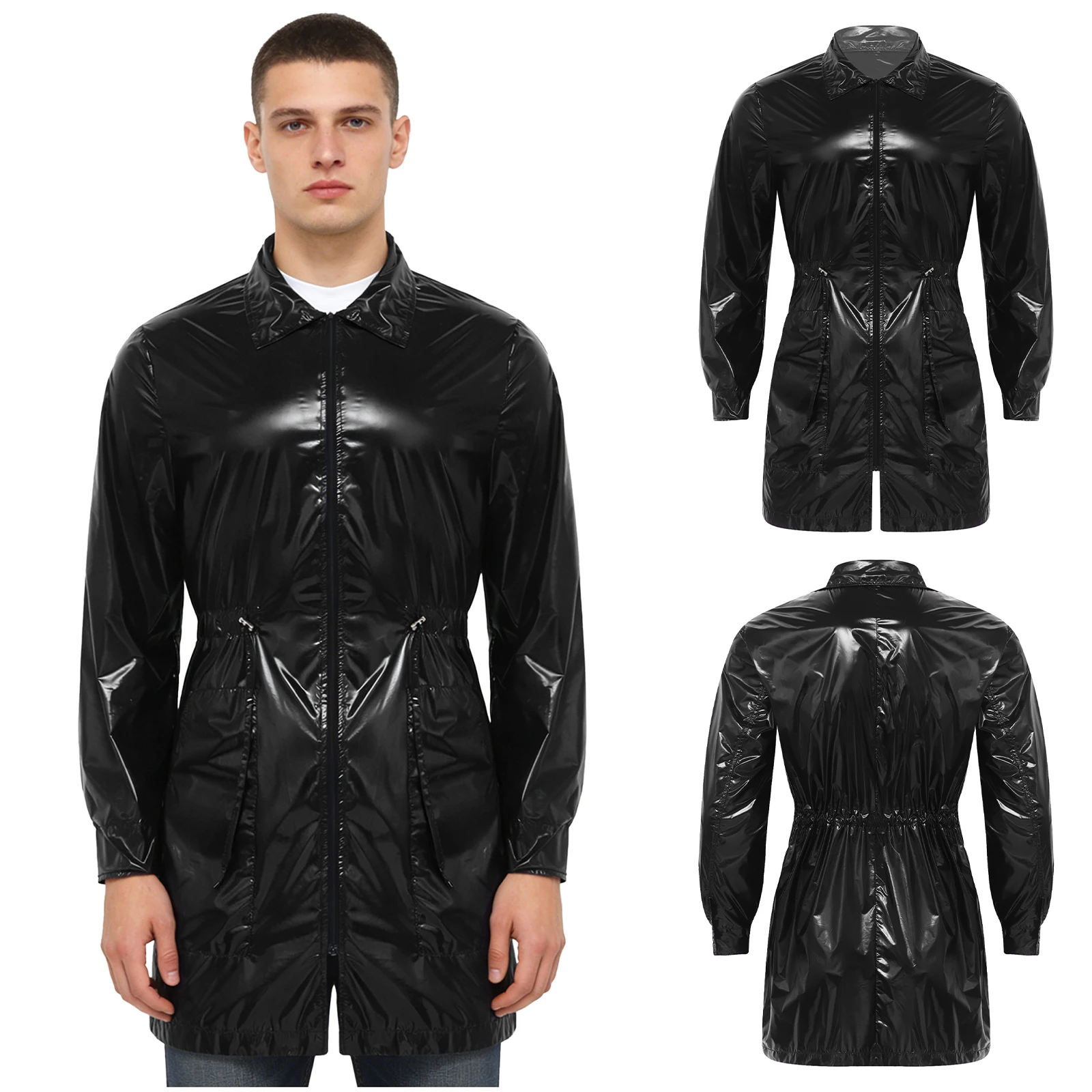 Men Glossy Waterproof Rain Jacket Long Sleeve Adjustable Waist Zip-up Raincoat with Pockets for Rainy Day Work Camping Hiking