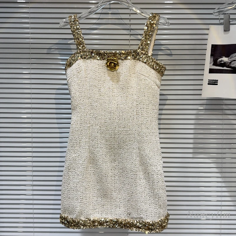 

2024 Summer New Classic Style Socialite Golden Sequined Flower Tweed Sling Dress for Women