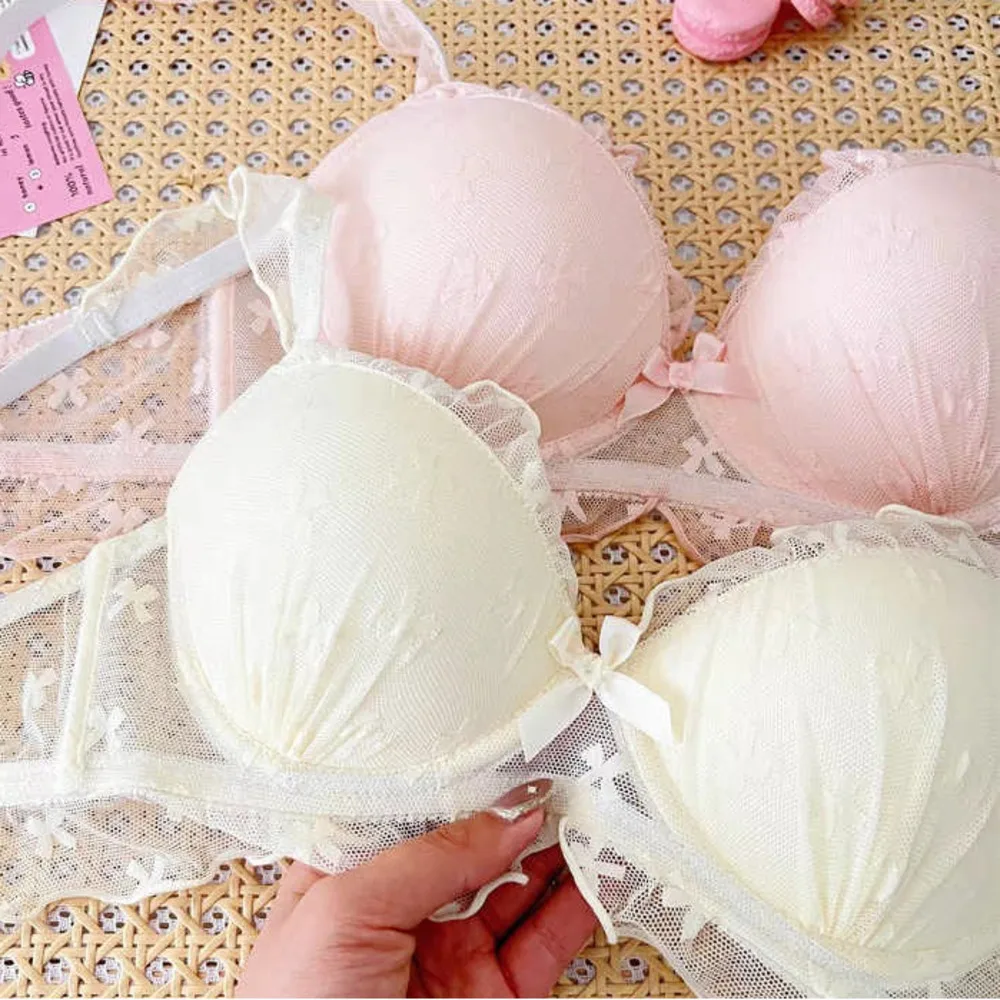 SP&CITY Sweet Lace Mesh Cute Bras For Women Thin Small Chest Gathered Sexy Brassier Bow Embroidery Ruffle Wire Free Soft Bra