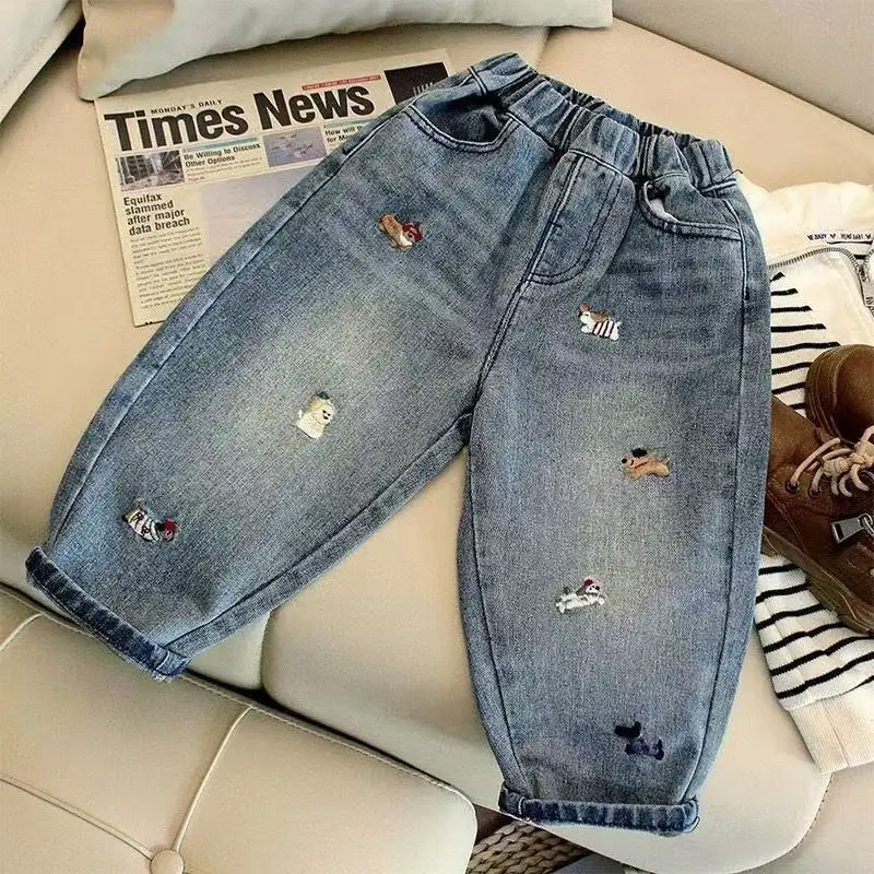 

Children's Jeans for Spring and Autumn Embroidered Cartoon Pattern Worn On Top of Jeans Kids Trousers