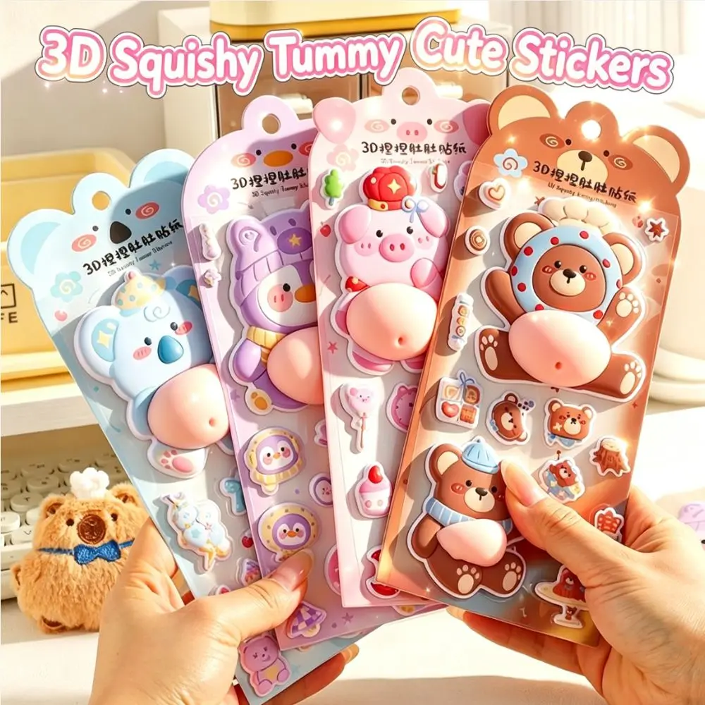 New 3D Animal Belly Squishy Stickers Pinch Cute Stress Relief Decals Silicone Foam Cartoon DIY Scrapbook Decor for Kids