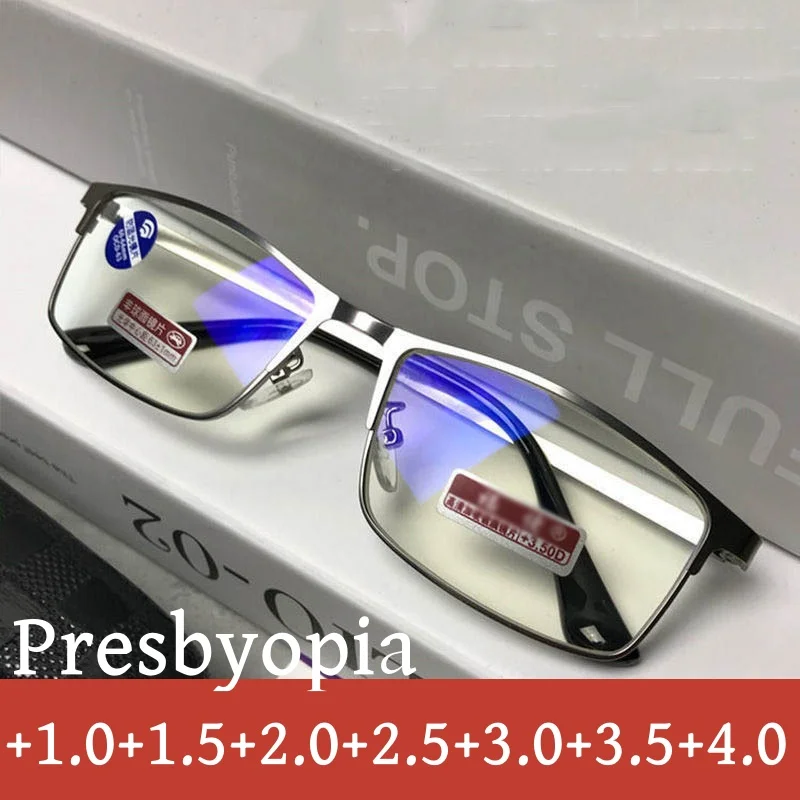 Men Metal Half Frame Reading Glasses Luxury Designer Anti Blue Light Eyeglasses Finished Prescription Presbyopia Eyewear To +4.0