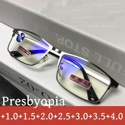 Men Metal Half Frame Reading Glasses Luxury Designer Anti Blue Light Eyeglasses Finished Prescription Presbyopia Eyewear To +4.0
