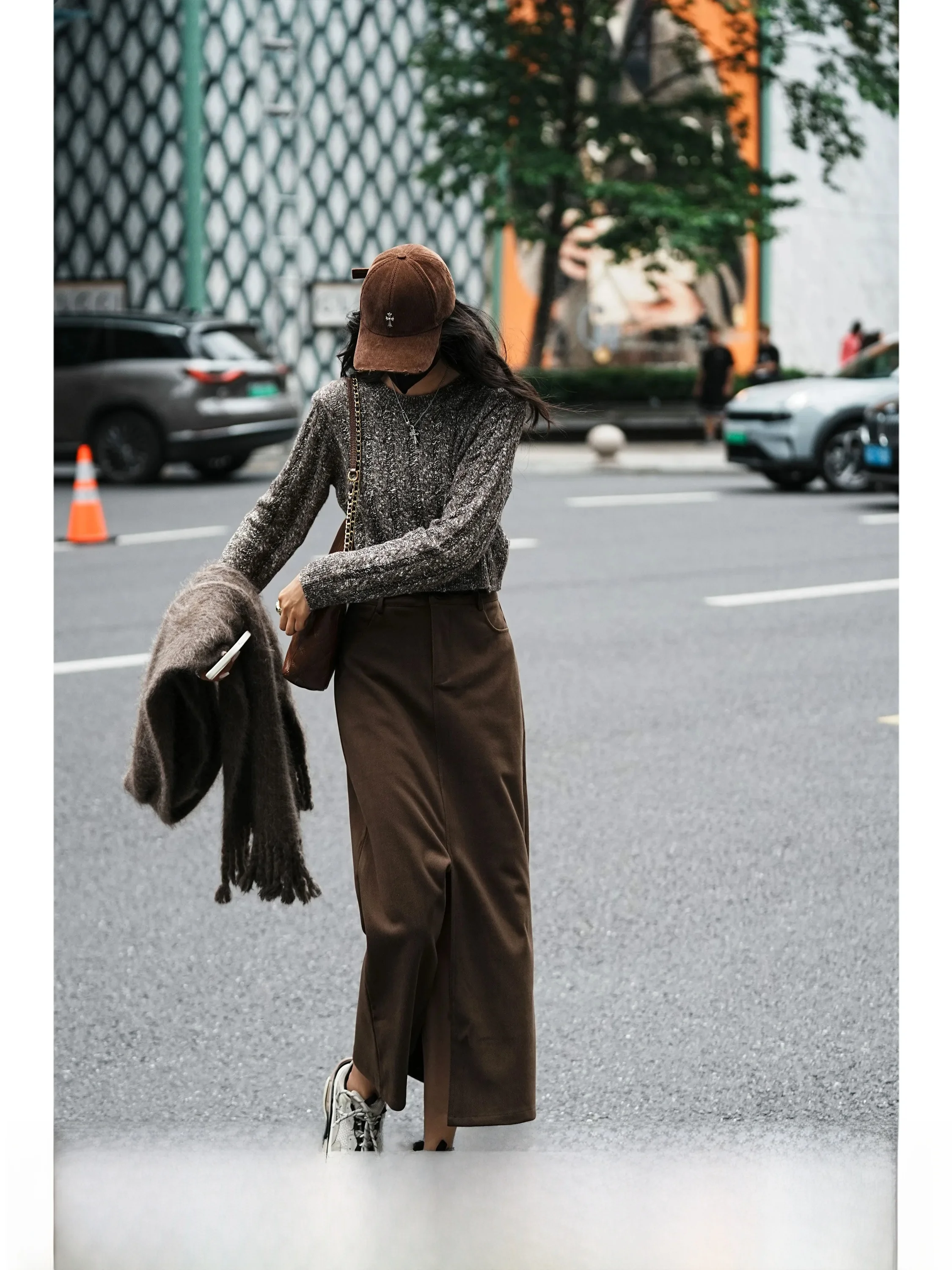 High Waist A-Line Skirt Suit Women's Autumn Winter New Style Long Split Skirt Commute Pure Color Cotton Polyester Blend