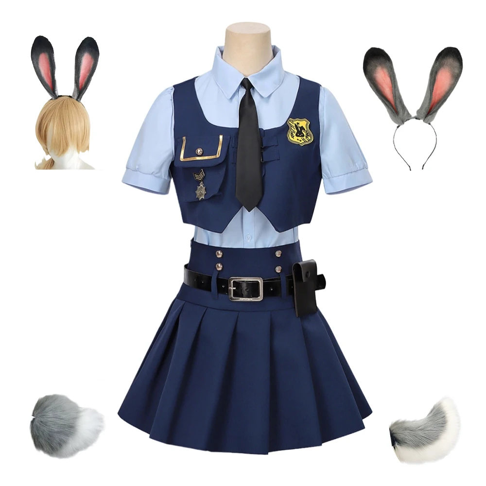 

Judy Hopps Movie Cosplay Costume Woman Blue 3-piece Set with Accessories Rabbit Ear Hair Band Stage Performance Plush Bunny Tail