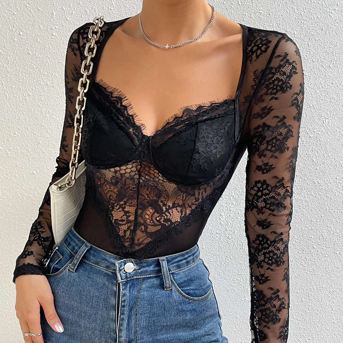 

Polyester Sexy Eyelash Lace hollow-out Perspective Waist Slimming Long Sleeve Onesie Habits Sexys Pour Femme Ropa De Mujer