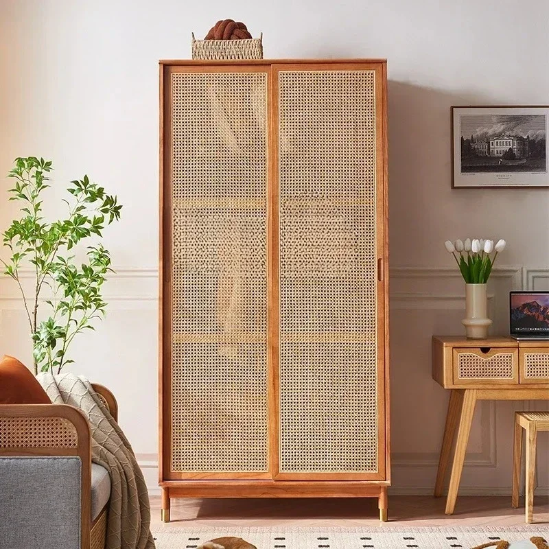 Y  Solid Wood Wardrobe Modern Minimalist Rattan Two-Door Wardrobe Hotel Name Storage Cabinet Household Bedroom Log Storage Cab
