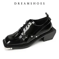 Nuevos Mocasines de Cuero con Decoración Metálica para Primavera y Otoño, Zapatos de Mujer con Punta Cuadrada y Suela Gruesa Antideslizante, Zapatos de Hombre con Plataforma