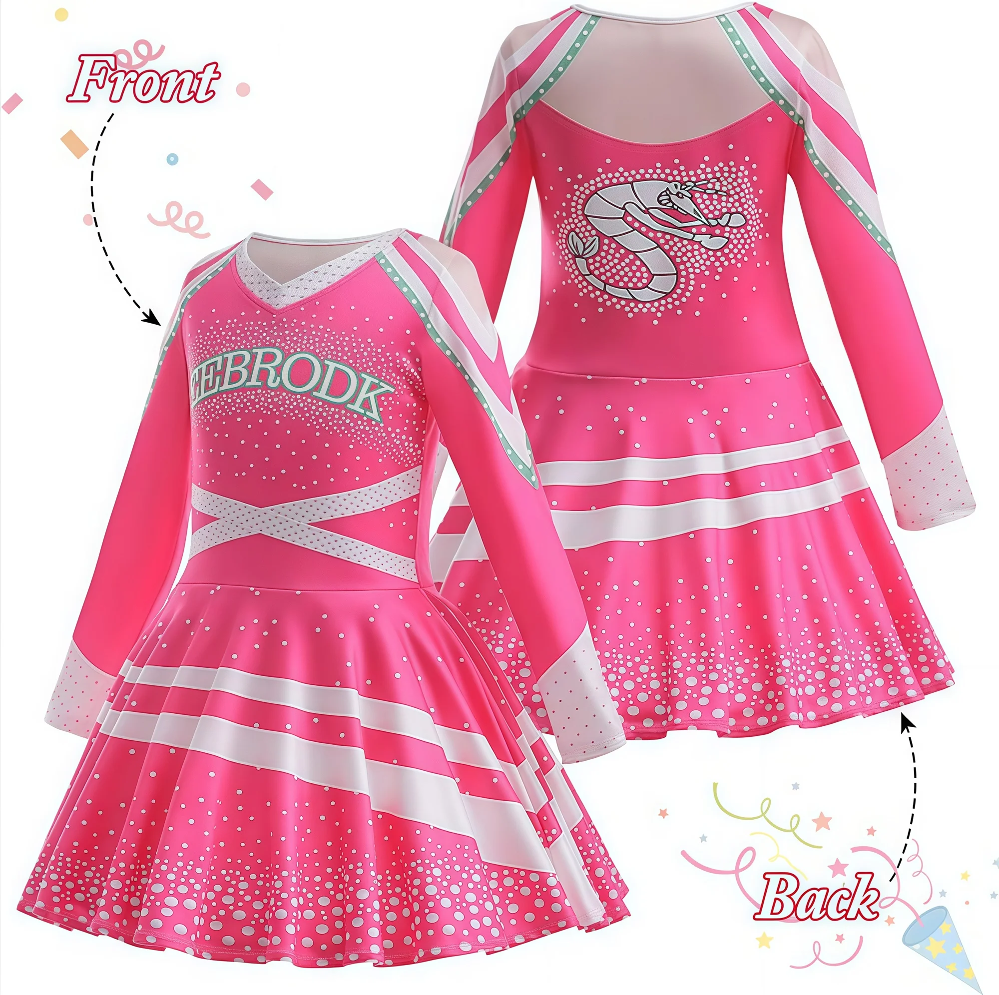 Girls Zombies Cheerleader Dress Up Outfit Pink Long Sleeve Print Dress For Children Halloween Cheer Uniform School Party Costume