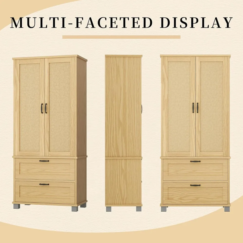 خزانة مخزن المطبخ بطول 64 بوصة من Shintenchi، وخزانة تخزين مع أبواب من الروطان ودرجين، وخزانة فولاذية طويلة من 3 طبقات