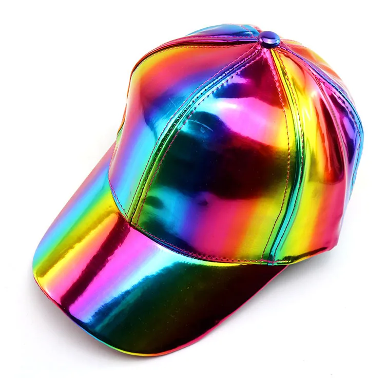 Damen Herren Kunstleder Baseballkappe Glitzer Metallic Holographisch Regenbogen Reflektierend Hip Hop Verstellbarer Strapback Schirmmütze – Detail 3