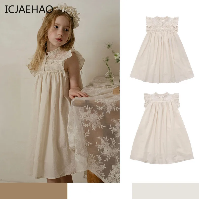 

Cotton Hand-Embroidered Flying Sleeves Beige Clothes New Girls Handmade Smocking Dress Pure Birthday Prince Summer 2024