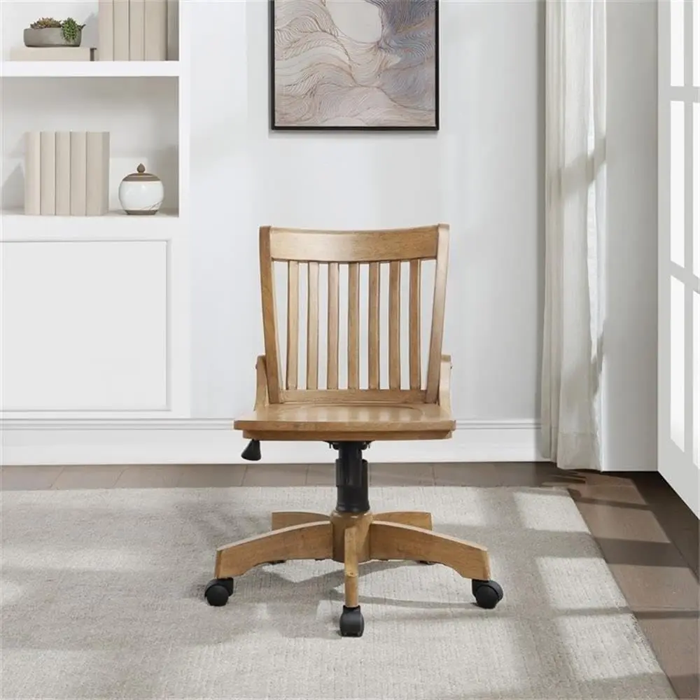 Traditional Wood Bankers Chair Adjustable Slatted Back 5-Wheel Caster Base Solid Wood Vintage Desk Chair Home Office, Customized