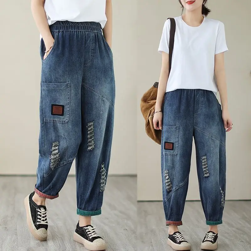 

джинсы панк Women's Spring New Arrival Literary Elastic Waist Jeans, Plus Size Loose Slim Harem Cropped Pants For Petite Ladies
