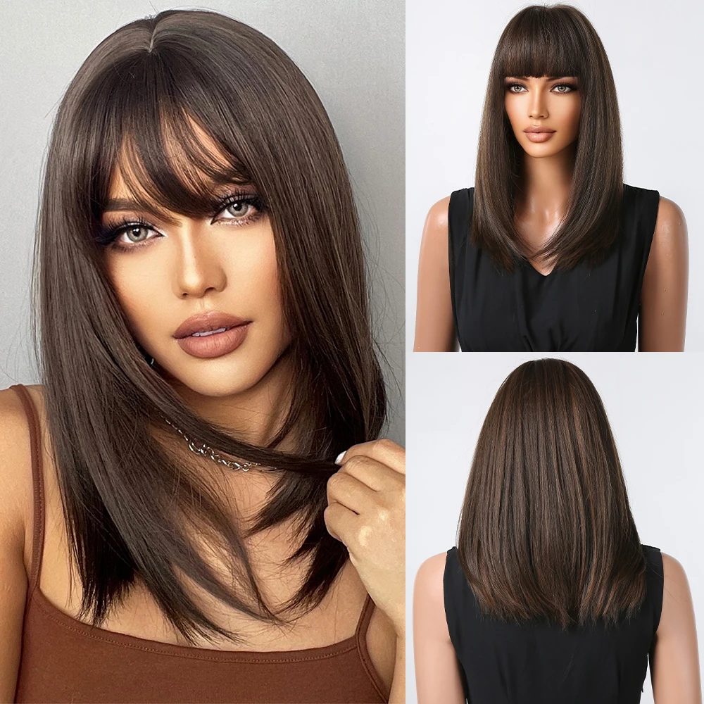 Medium Length Dark Brown Synthetic Wigs for Women Short Straight Brown Wigs With Bangs Shoulder Length Fake Hair Lolita Daily