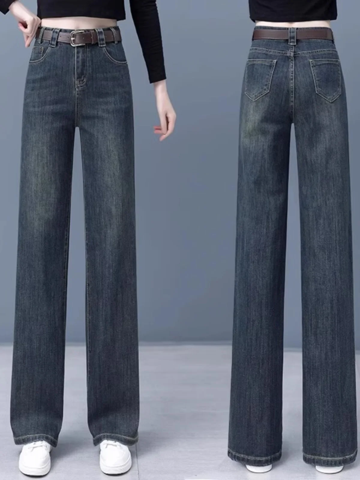 High Waist Wide Leg Jeans Women's Autumn 2023 Loose Fitting Slimming Vintage Narrow Straight Cut Trousers Cement Grey