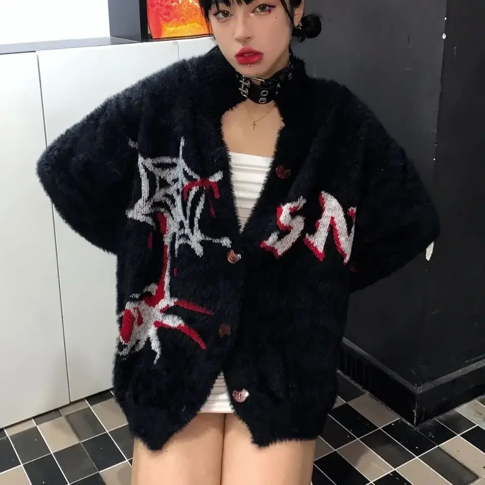 Japanese Harajuku Spiderweb Embroidery Imitation Mink Fur Women Cardigans  Gothic Punk Single Breasted V Neck Ladies Y2k Sweater