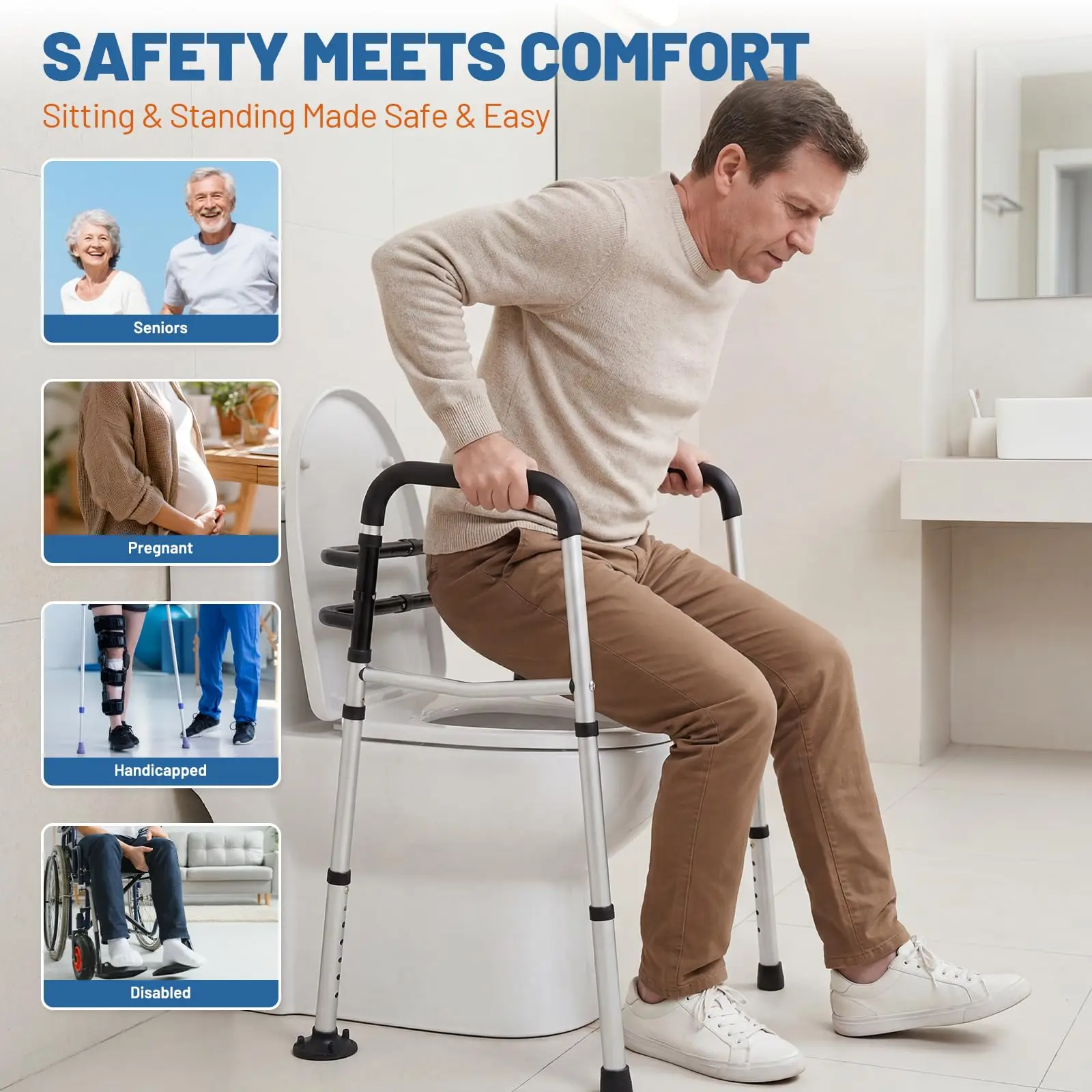 Adjustable Toilet Safety Rails for Seniors – Freestanding Bathroom Support Frame – Padded Handles – Collapsible, Fits Most Toilets, 350 lbs Capacity – Medical Aid – Width/Height Adjusatable 806B
