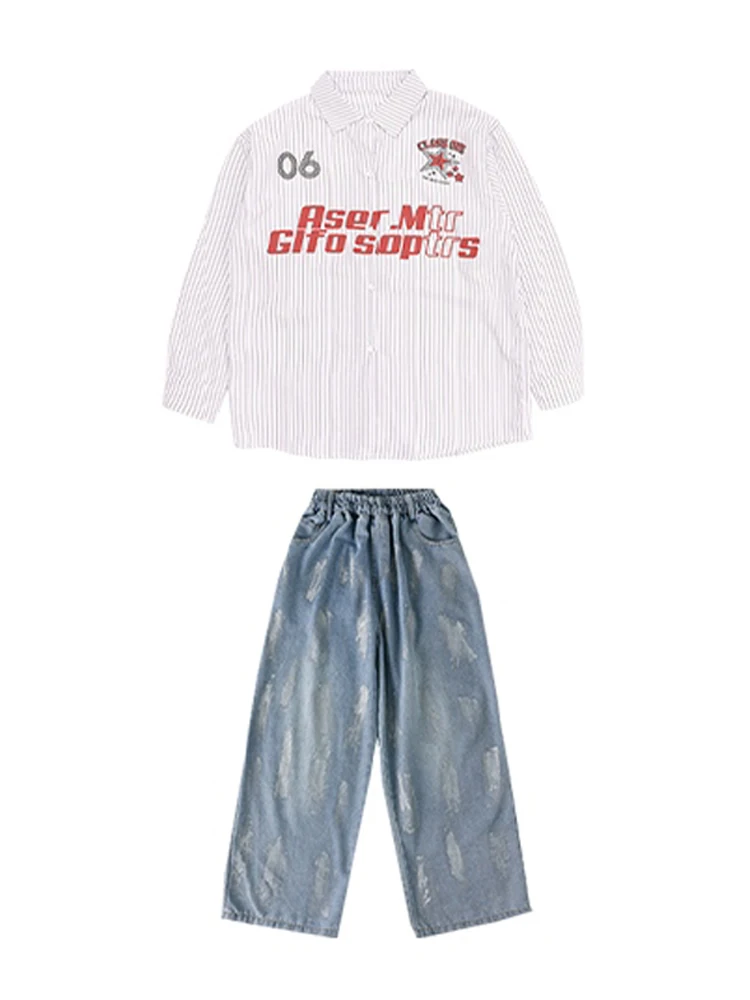 2025 Bambini Abiti da ballo di strada Costume Hip Hop Ragazzi Camicia bianca a righe Pantaloni in denim Maniche lunghe Moda Stage Wear BL18059