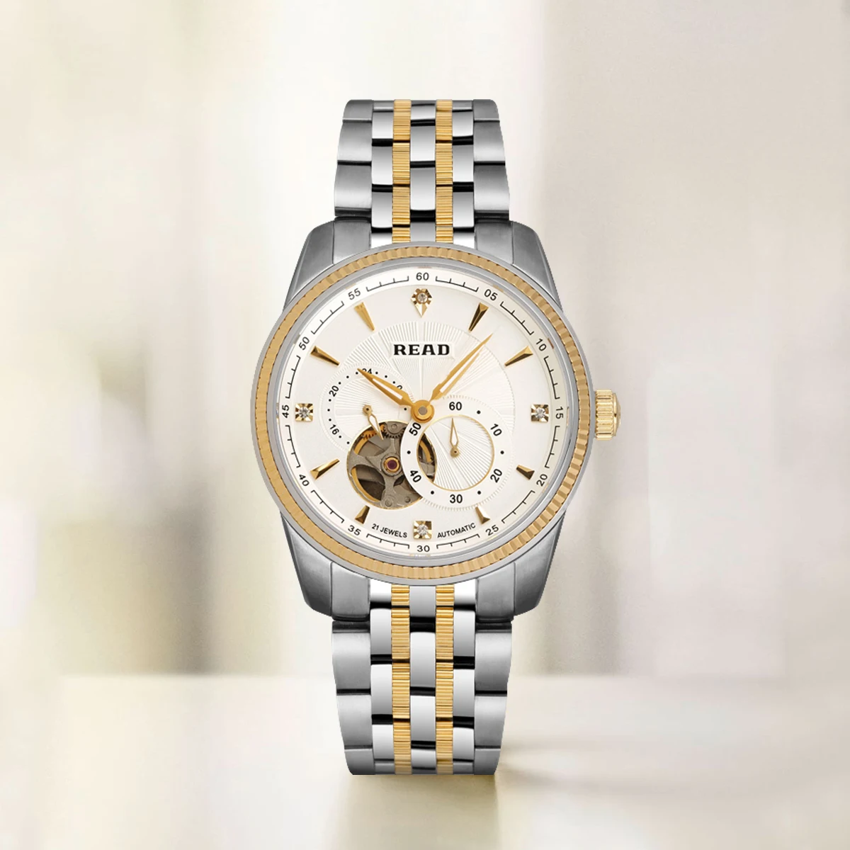 READ Men Automatic Watch | Two‑Tone Solid Steel Band | Skeleton Dial | Sapphire Glass | 50M Water Resistant
