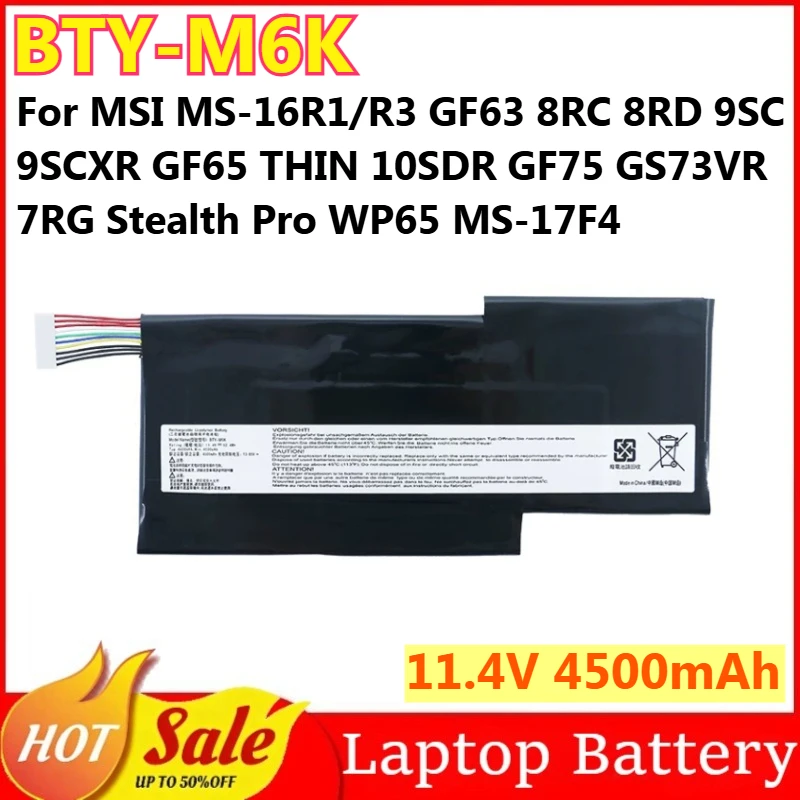 

Аккумулятор BTY-M6K 11.4V 4500mAh для MSI MS-16R1/R3 GF63 8RC 8RD 9SC 9SCXR GF65 THIN 10SDR GF75 GS73VR 7RG Stealth Pro WP65 MS-17F4