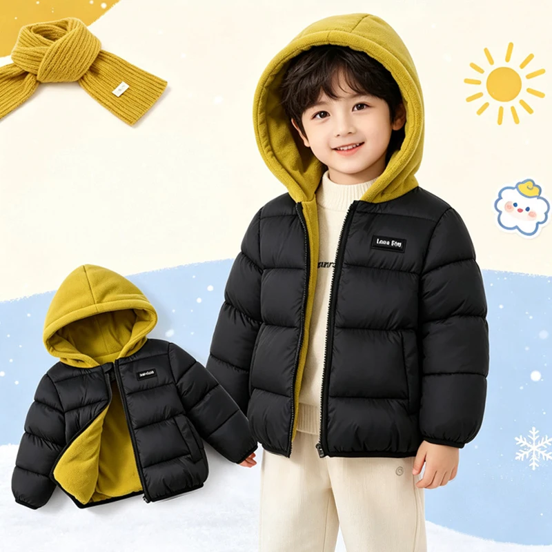 Herbst-Winter Dicke Warme Jungenjacke Beidseitig Tragbar Einfarbiger Fleece-Kapuzenmantel für 2-6-Jährige Kinder Geburtstagsgeschenk – Detail 2