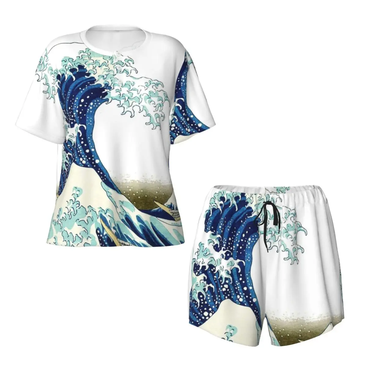 

HOKUSAI. The Great Wave Off Kanagawa Round Neck Short Sleeves Nightdress for Sleepshirts Women Loose Pajama Set Short Pants