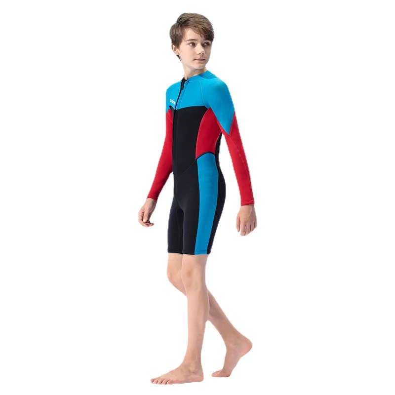 Kids Teens 2.5mm Wetsuit Long Sleeve Short Legs One-piece Full Body Wet Suit Snorkeling Swimming