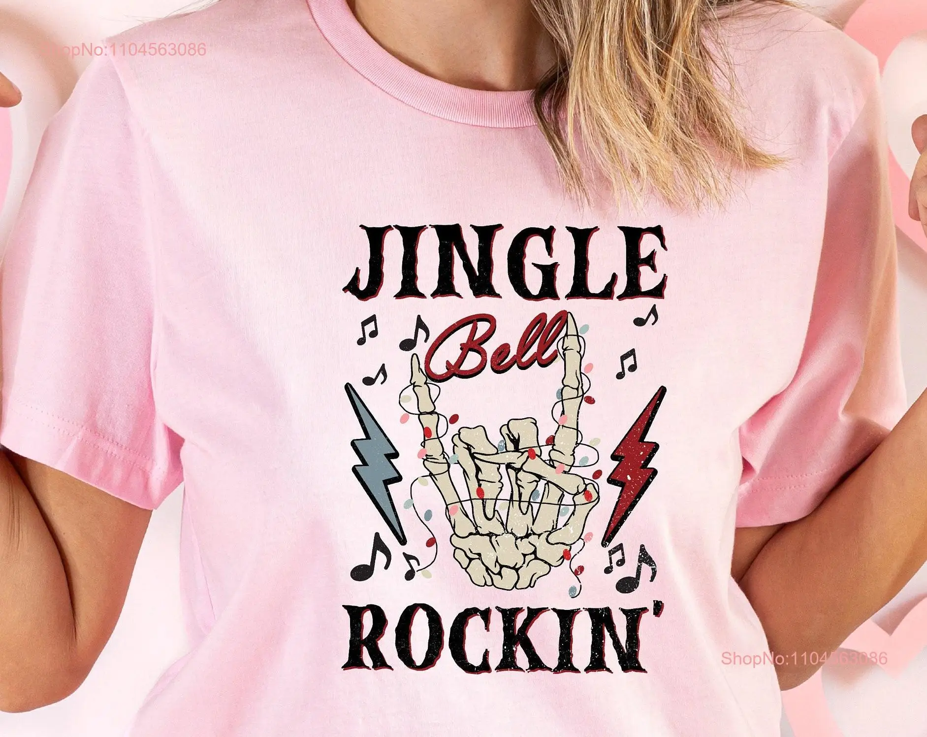 Christmas T Shirt Jingle Bell Rockin Skeletons Hand Retro Xmas For Women Trendy long or short sleeves