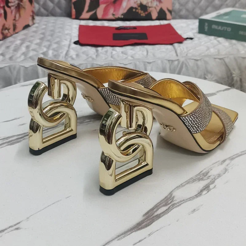 Golden Kera Crystal Crystal-embellished Satin Mesh Mule Sandals With Crossover Straps Sexy High Heels Fashion Runway Dress Shoes