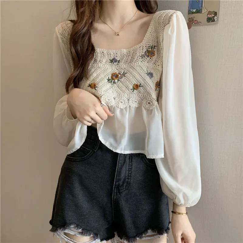 Blouses Women Hook Flower Hollow Stylish Retro Simple Design Harajuku Female Sweet All-match Summer Elegant Daily Crop Leisure