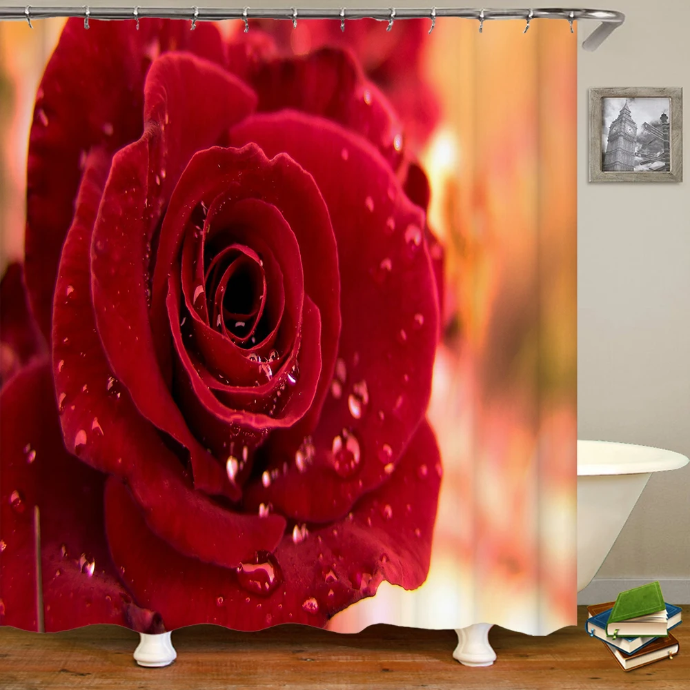 

3D Colorful Rose Waterproof Fabric Shower Curtain Bathroom Curtains Pink Flowers Printed Bath Screen Valentine's Day with Hooks