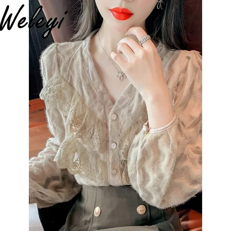 

Femininity Fashion Tops 2024 Autumn New Versatile Super Fairy Abrasive Splicing V Neck Long Sleeve Backing Lace Camisas E Blusas