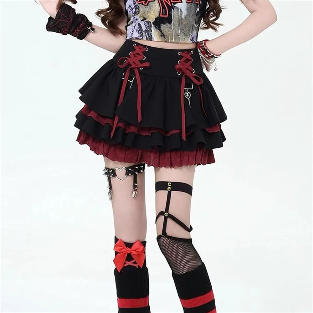 Japońska Lolita, słodka mini spódniczka damska, czarna, czerwona, fioletowa, z wysokim stanem, krótkie spódniczki, Y2k, urocza, seksowna, na ramiączkach, koronkowa spódniczka typu cake skirt.